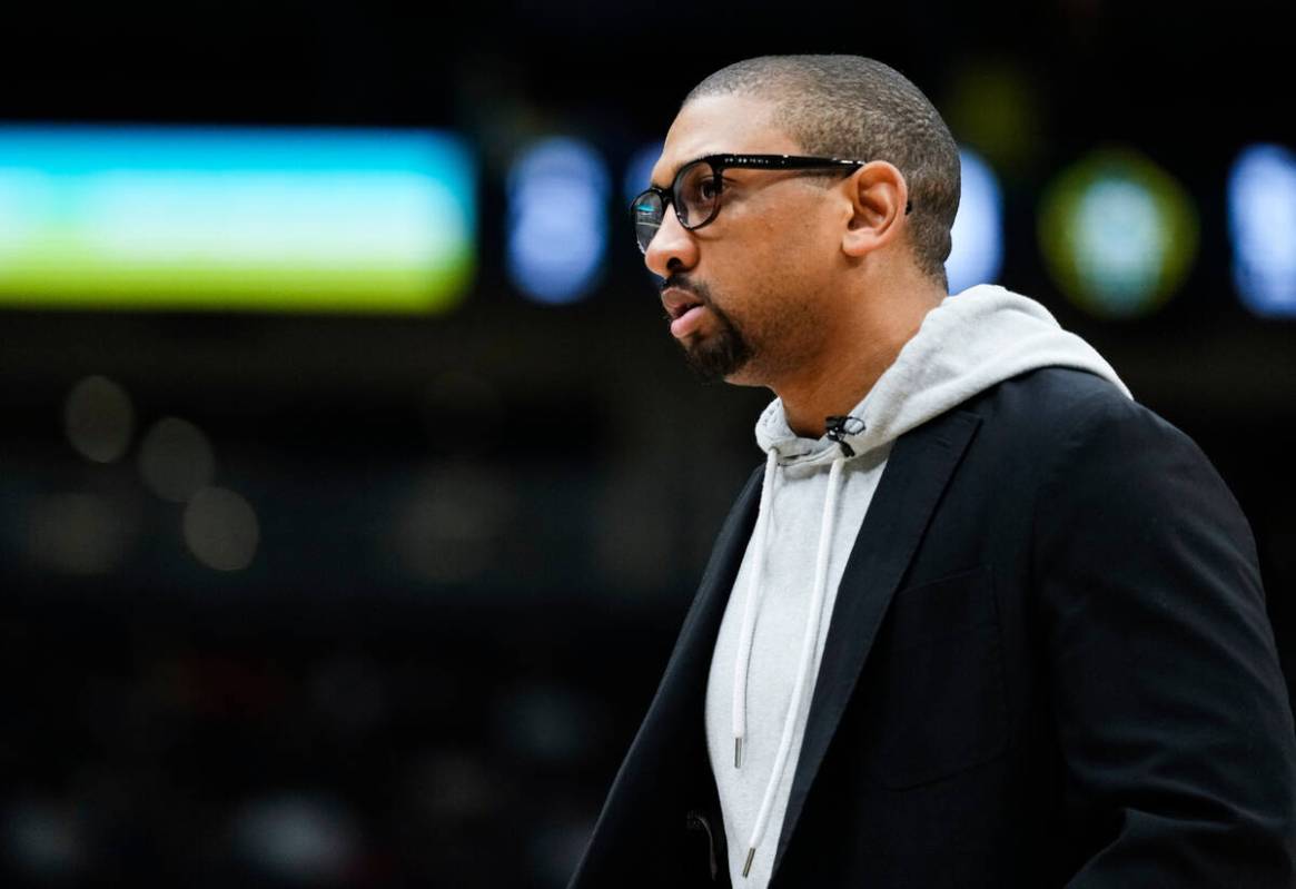 Las Vegas Aces interim head coach Tyler Marsh looks on during the second half of a WNBA basketb ...