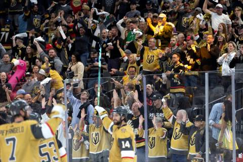 Golden Knights fans celebrate their team won Game 1 of a NHL hockey Western Conference Final pl ...