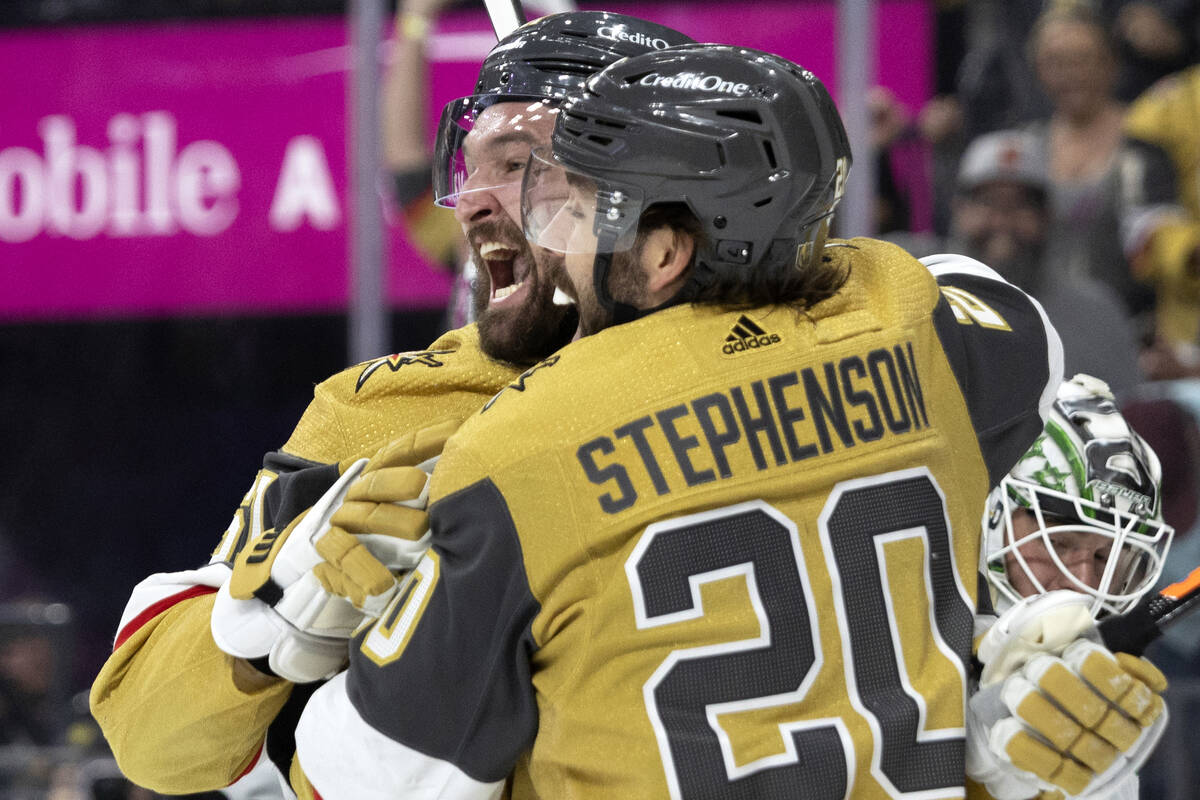 Golden Knights right wing Mark Stone (61) and center Chandler Stephenson (20) celebrate after S ...