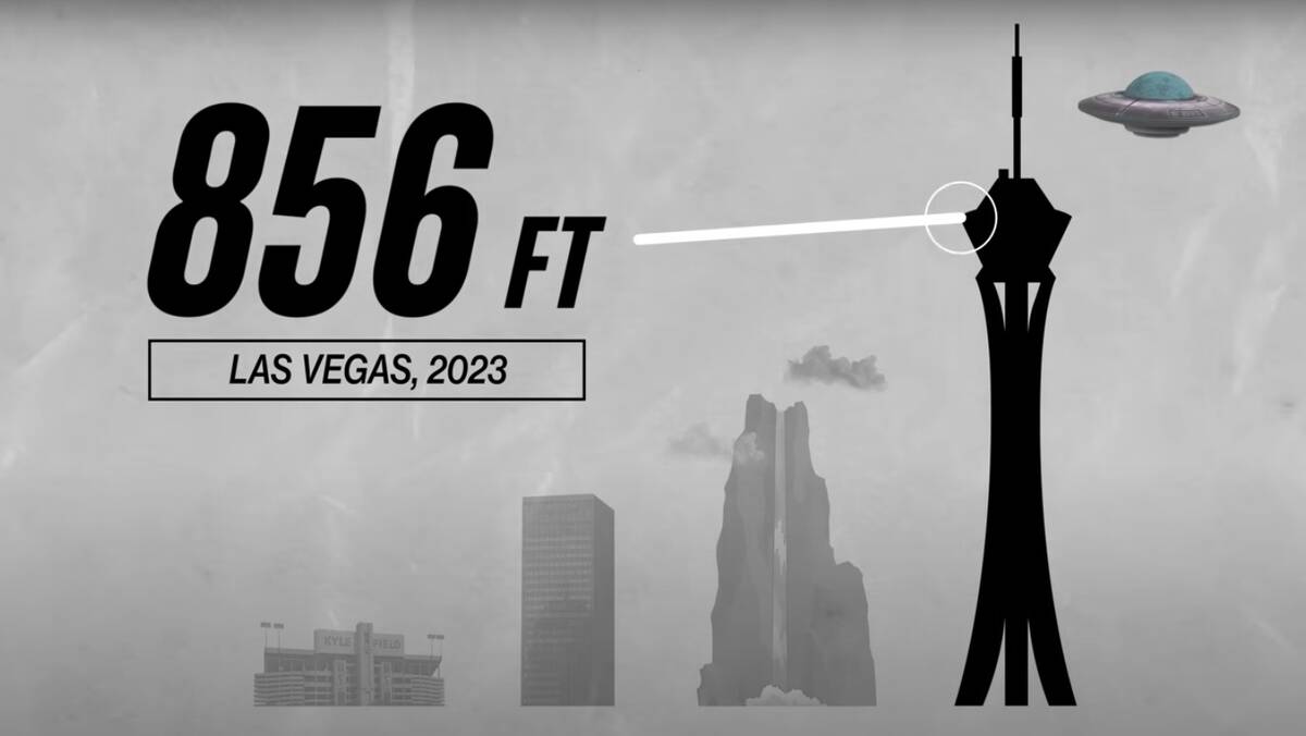 A screenshot of the height of the world's highest basketball shot off the 108th-level SkyJump p ...