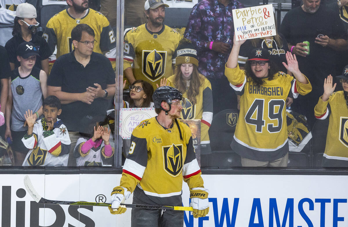 Golden Knights center Jack Eichel (9) on the ice warming up with fans behind before facing the ...