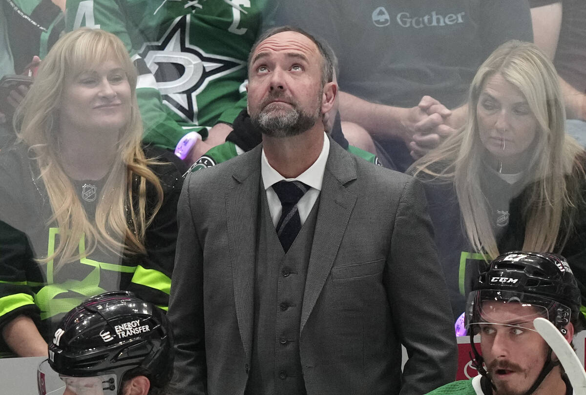 Dallas Stars coach Pete DeBoer looks up at the scoreboard during the first period in Game 3 of ...
