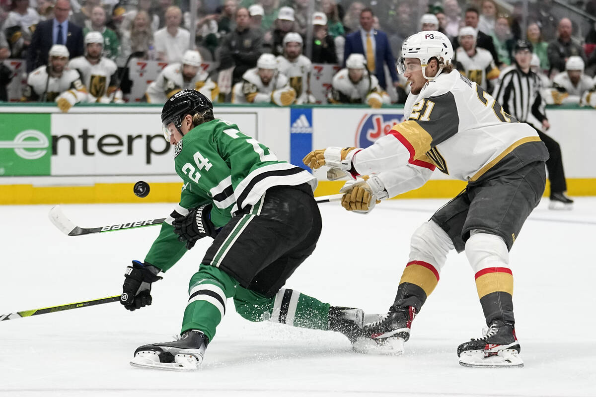 Dallas Stars center Roope Hintz (24) loses control of the puck on an attack as Vegas Golden Kni ...