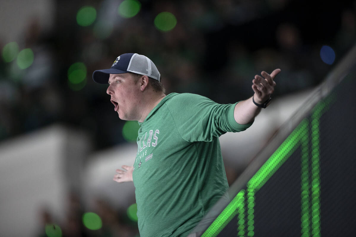 A Dallas Stars fan is upset as the Golden Knights lead 4-0 during the second period in Game 3 o ...