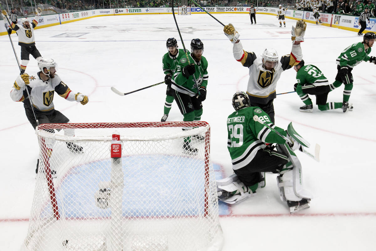 The Golden Knights celebrate after center Ivan Barbashev, out of frame, scored on Dallas Stars ...