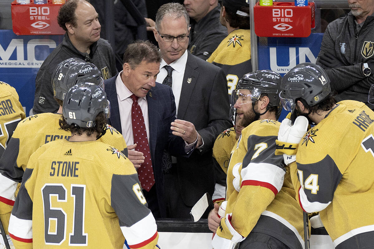 Golden Knights head coach Bruce Cassidy speaks to his team during the third period in Game 5 of ...