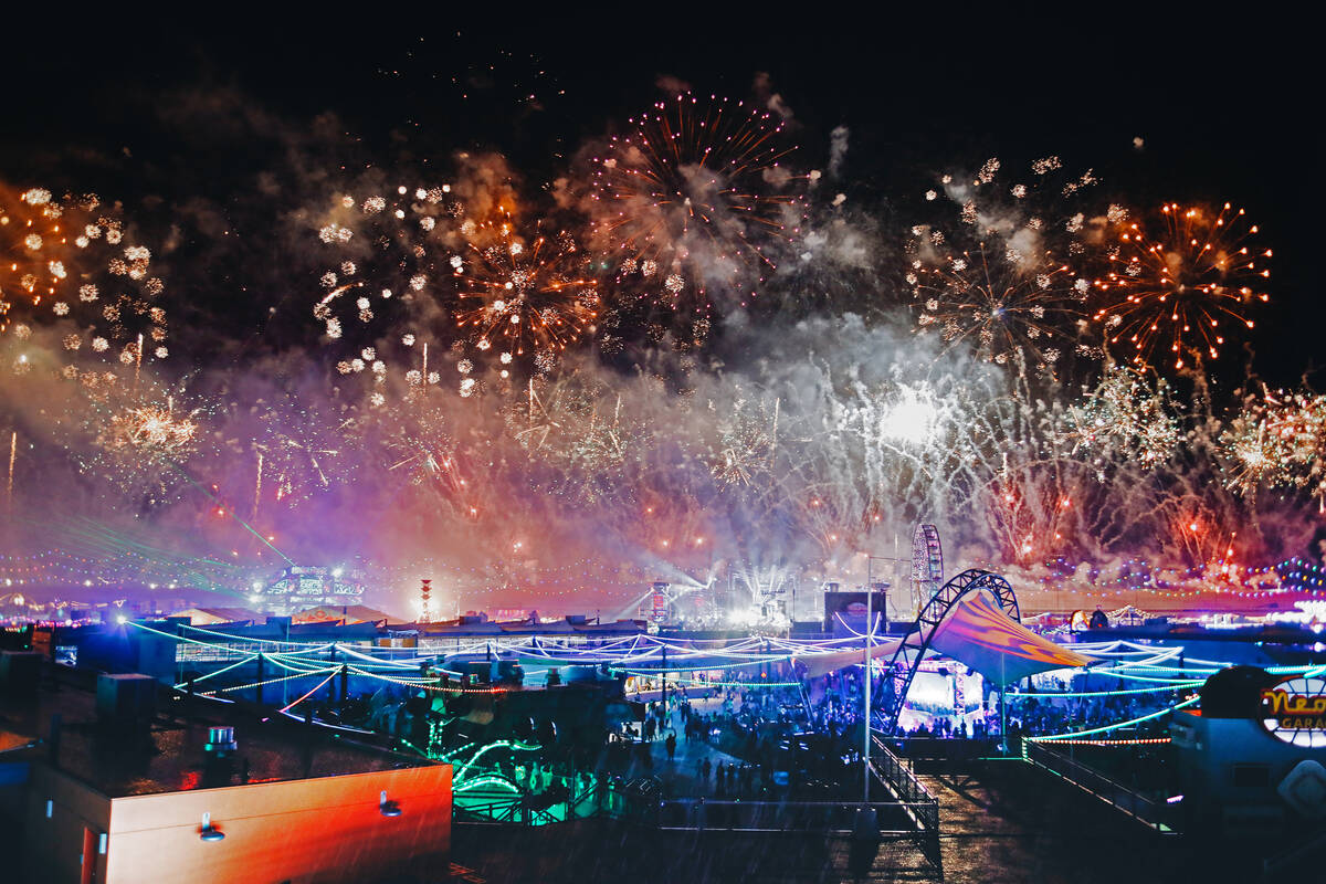 Fireworks go off during the Electric Daisy Carnival at Las Vegas Motor Speedway on Saturday, Ma ...