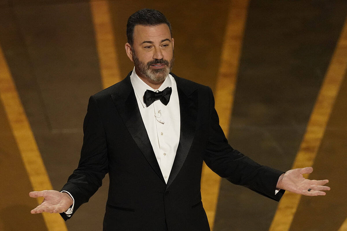 Host Jimmy Kimmel speaks at the Oscars on Sunday, March 12, 2023, at the Dolby Theatre in Los A ...