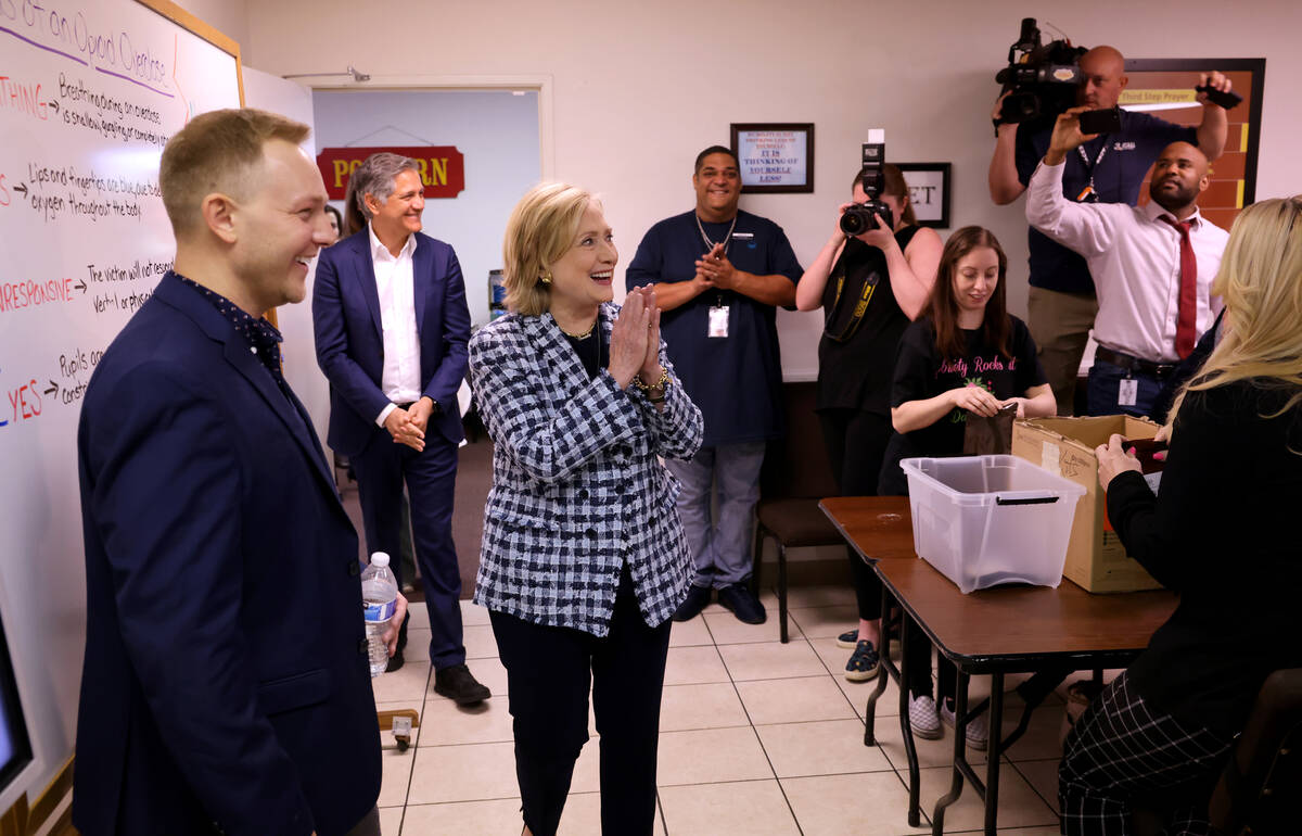 Former Secretary of State Hillary Clinton arrives at Foundation for Recovery in Las Vegas with ...