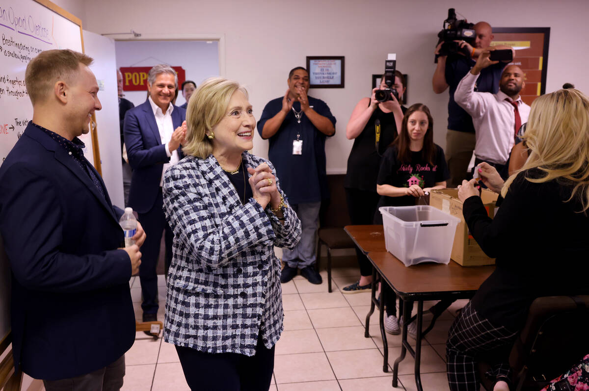 Former Secretary of State Hillary Clinton arrives at Foundation for Recovery in Las Vegas with ...