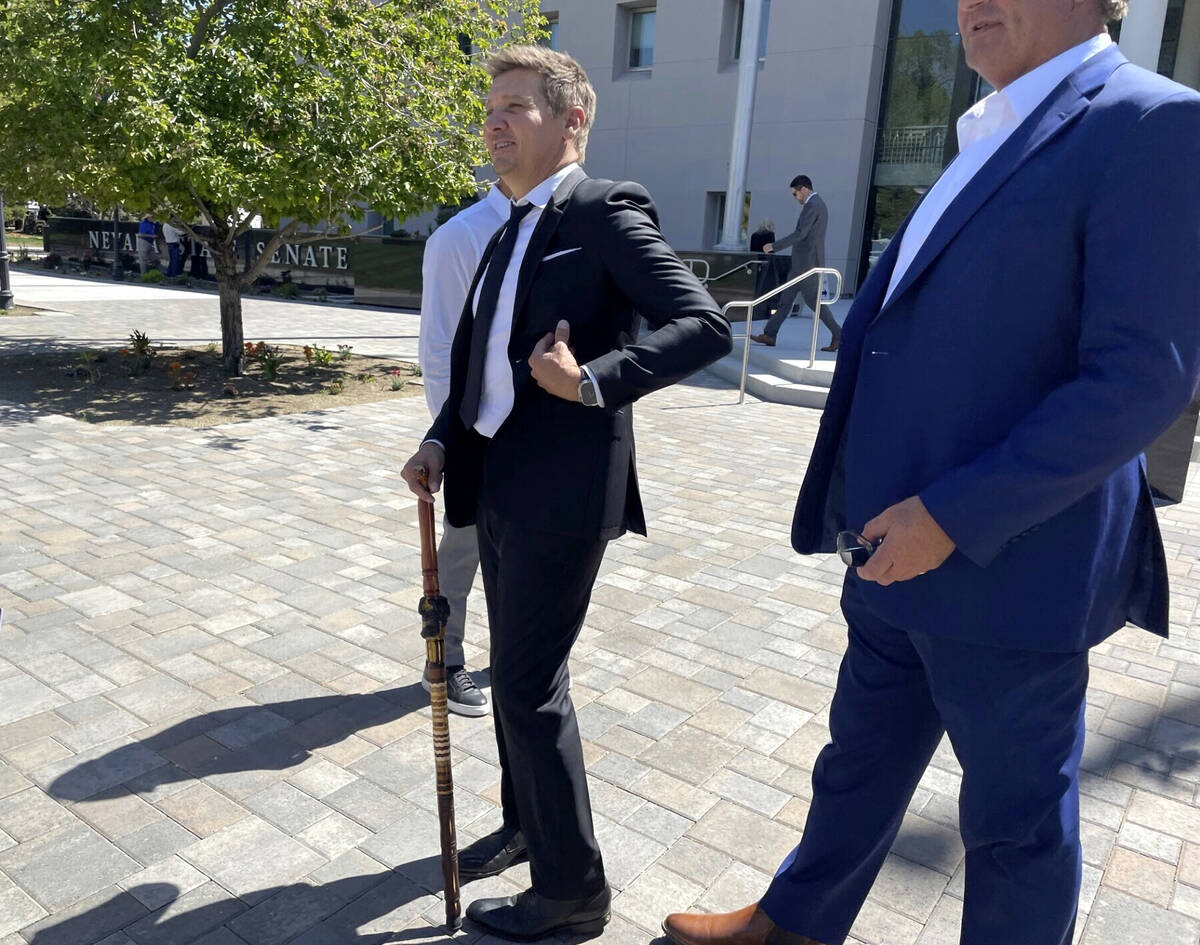 Actor Jeremy Renner stands outside the Nevada Legislature in Carson City, Nev., on Monday, May ...