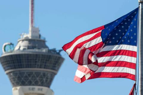 The American Flag blows in the wind as the Stratosphere hotel-casino observation deck is shown ...