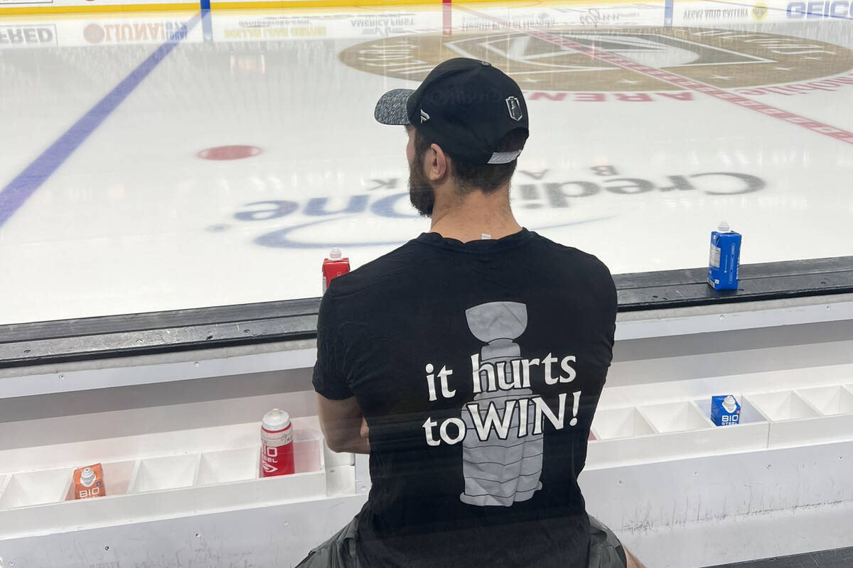 Golden Knights forward Nicolas Roy sits on the Golden Knights bench at T-Mobile Arena ahead of ...