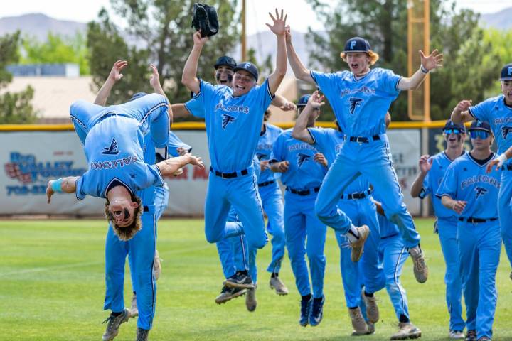 Foothill 2B Thayne Watson does a flip to the delight of teammates as they face Shadow Ridge dur ...