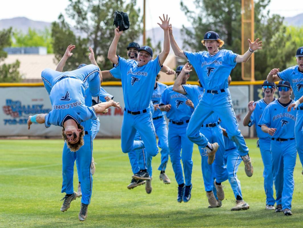 Foothill 2B Thayne Watson does a flip to the delight of teammates as they face Shadow Ridge dur ...