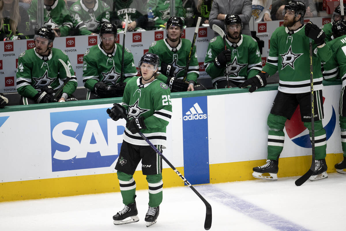 The Dallas Stars linger at the bench as they are down 4 points to the Golden Knights during the ...