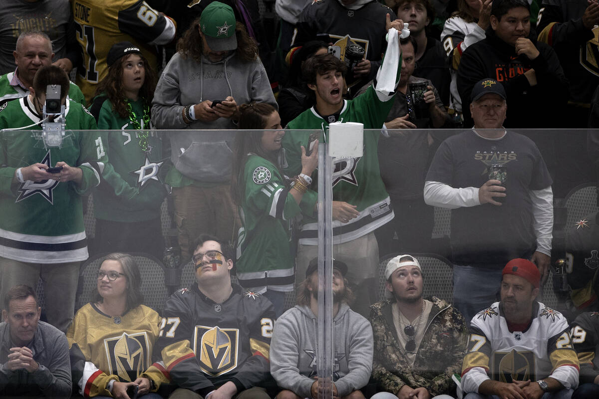 Golden Knights fans react after the Dallas Stars won during overtime in Game 4 of the NHL hocke ...
