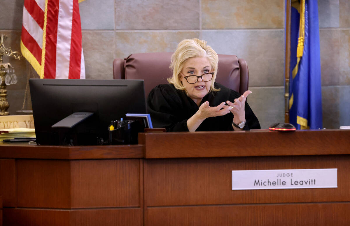 Clark County District Court Judge Michelle Leavitt presides in court during a hearing for form ...