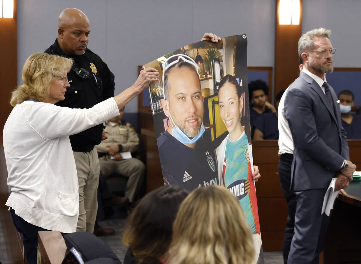Teri Butcher, left, and her husband Bill, family friends of victims of DUI auto accident, hold ...