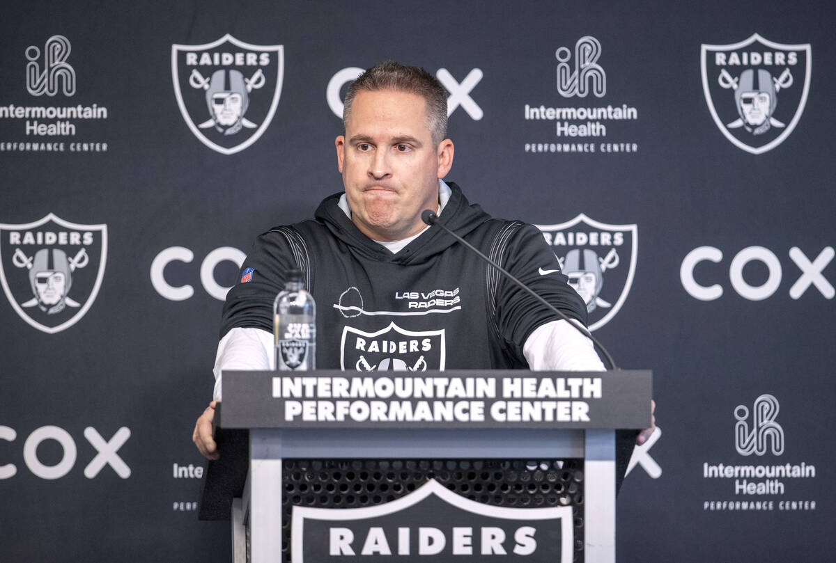 Raiders head coach Josh McDaniels takes media questions during a news conference at the Intermo ...