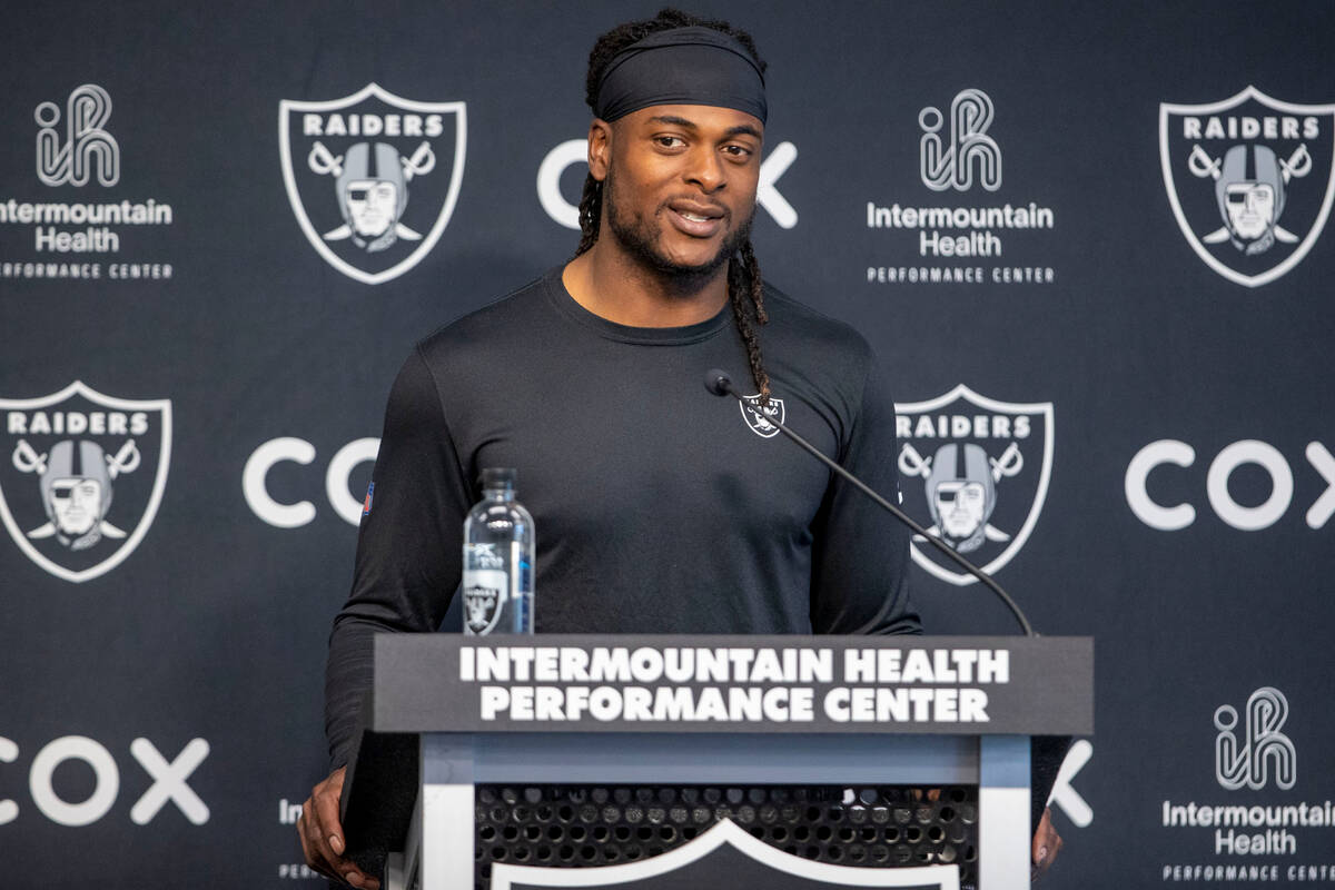 Raiders wide receiver Davante Adams speaks during a news conference at Intermountain Health Per ...