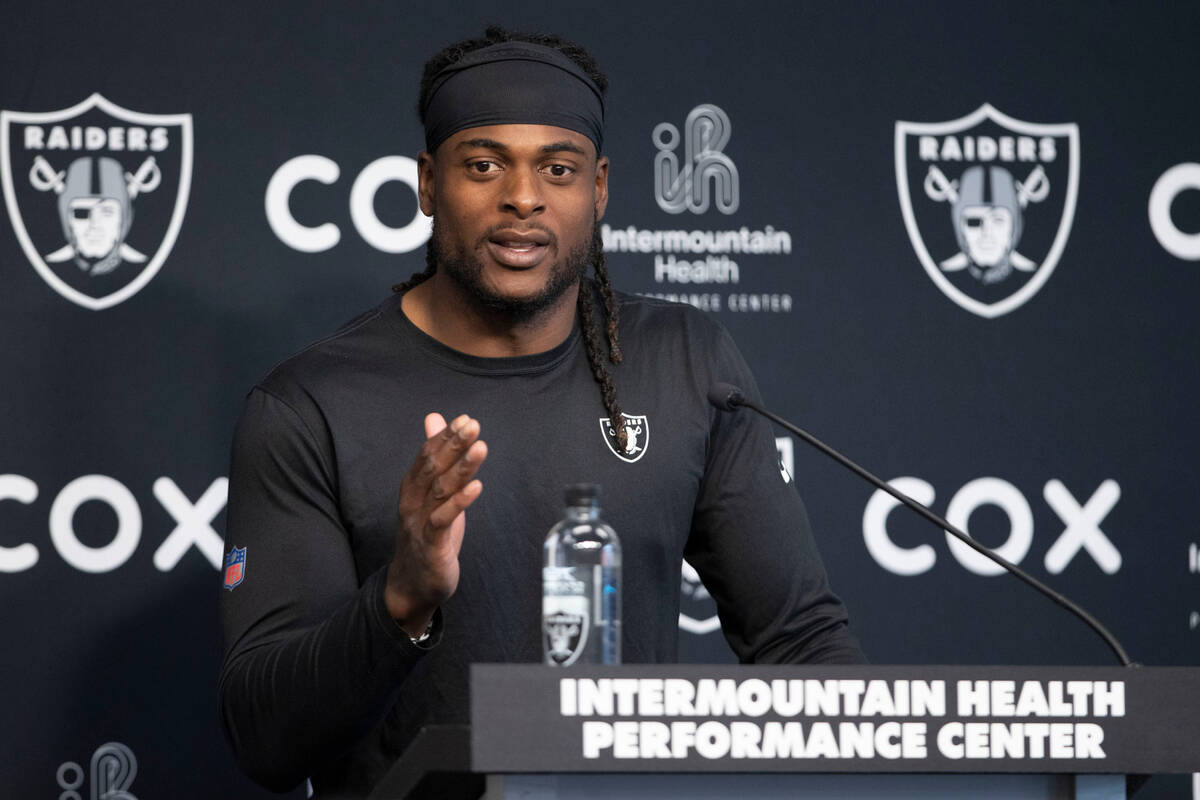 Raiders wide receiver Davante Adams speaks during a news conference at Intermountain Health Per ...