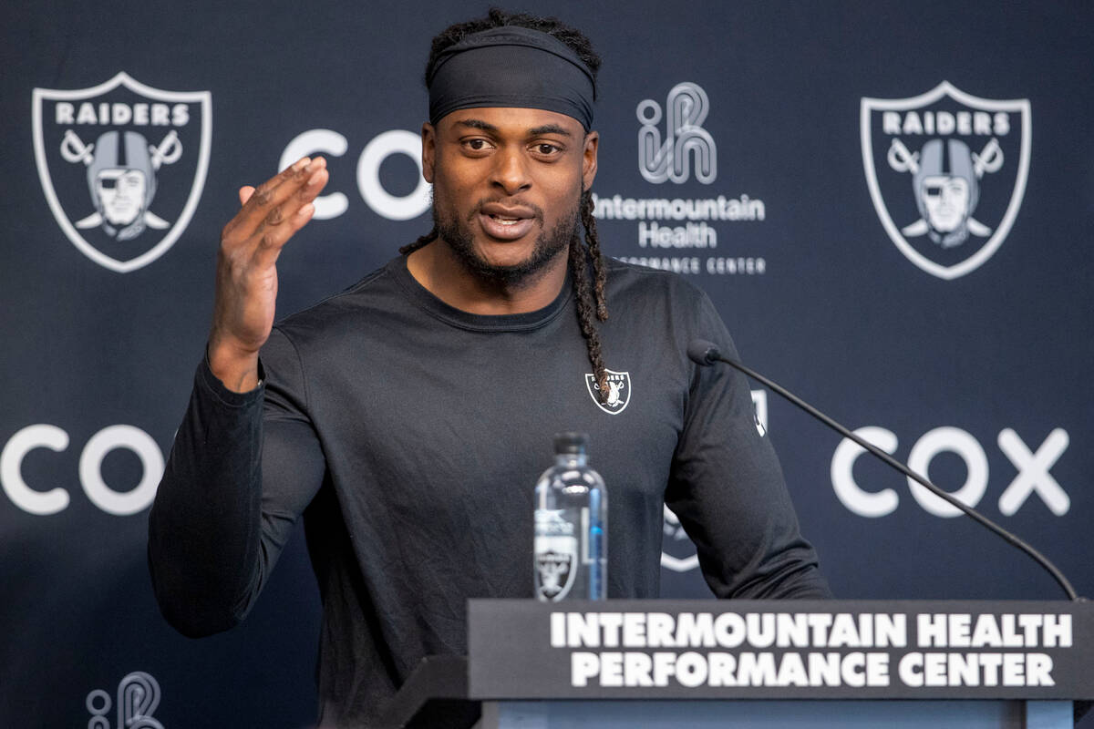 Raiders wide receiver Davante Adams speaks during a news conference at Intermountain Health Per ...