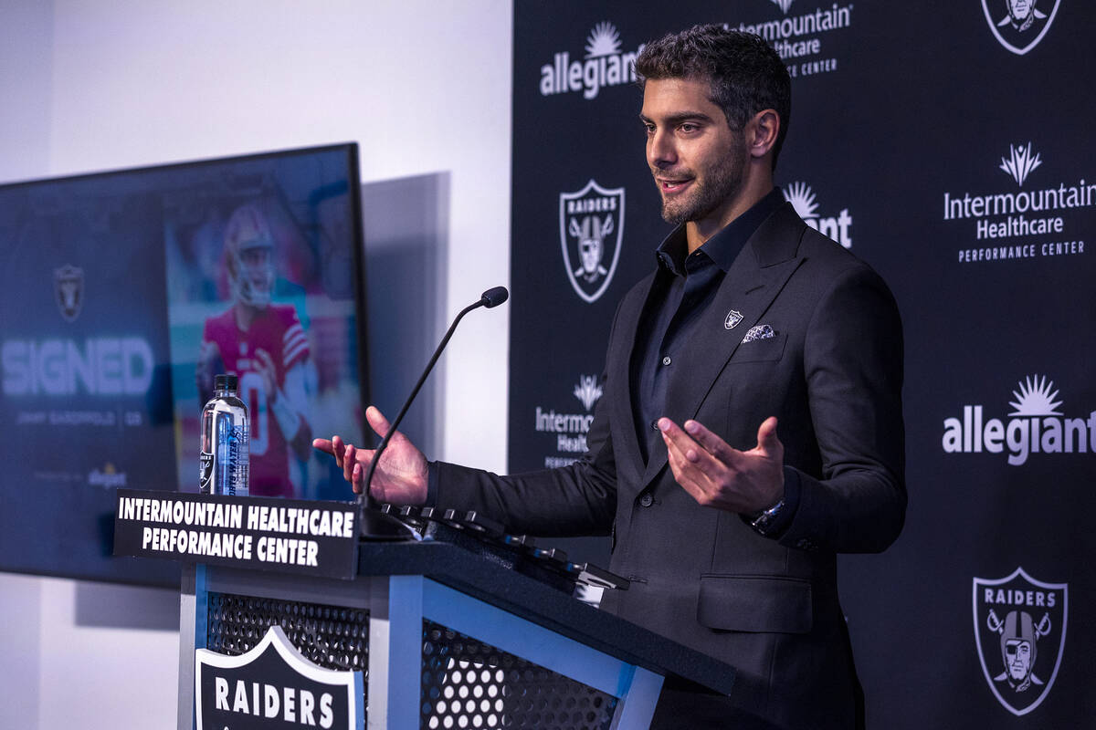 Jimmy Garoppolo speaks during a press conference at the Raiders Headquarters and Intermountain ...