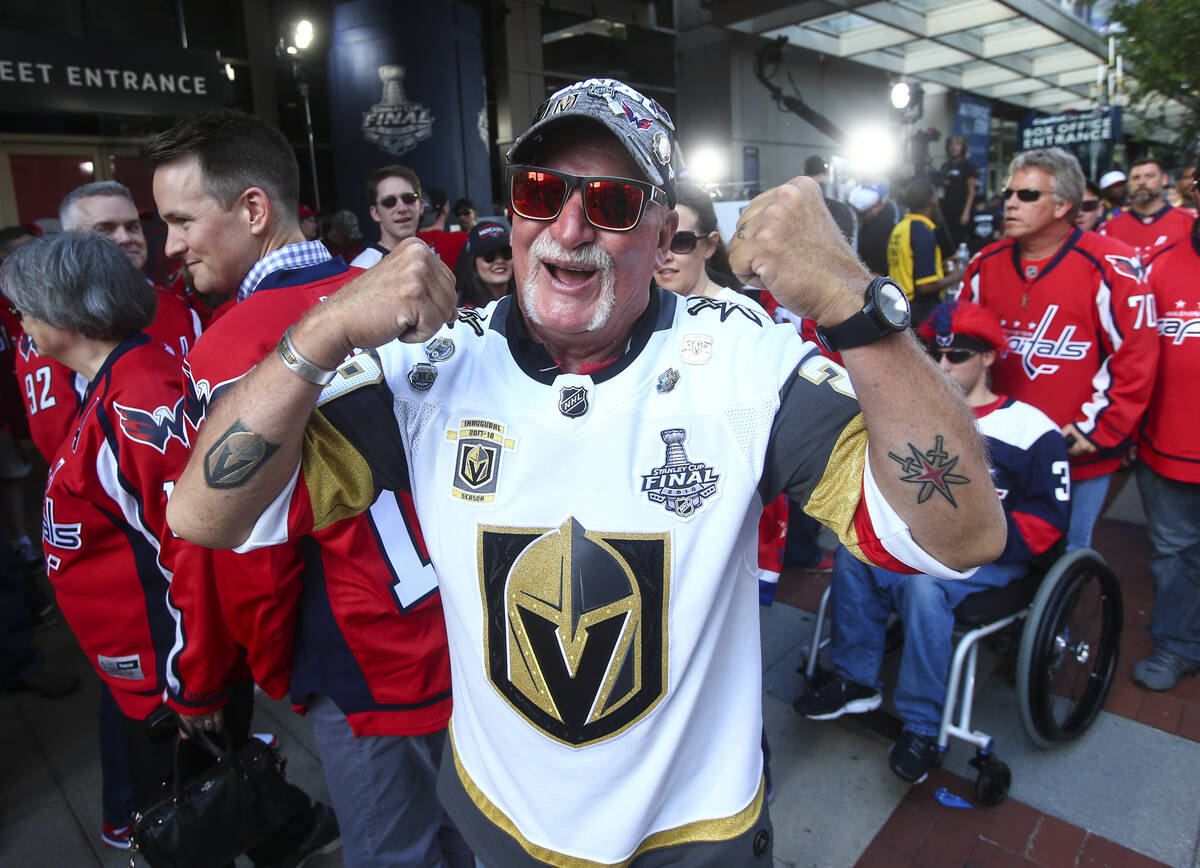 Golden Knights fan John Baratta poses for a photo ahead of Game 4 of the Stanley Cup Final at C ...
