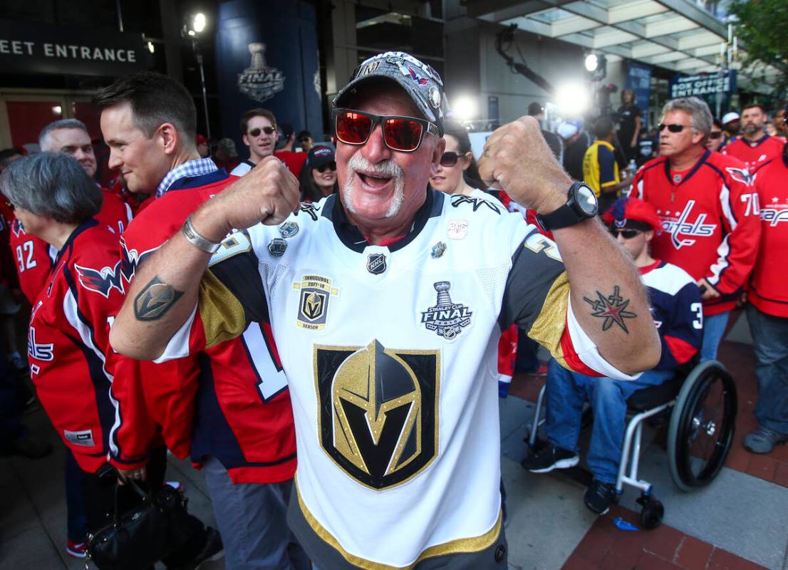 Golden Knights fan John Baratta poses for a photo ahead of Game 4 of the Stanley Cup Final at C ...
