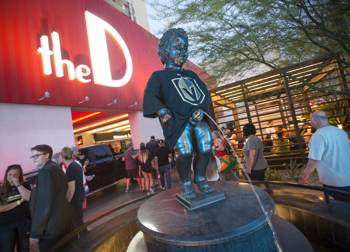 A Vegas Golden Knights t-shirt is seen on the Manneken Pis statue outside the D Las Vegas follo ...