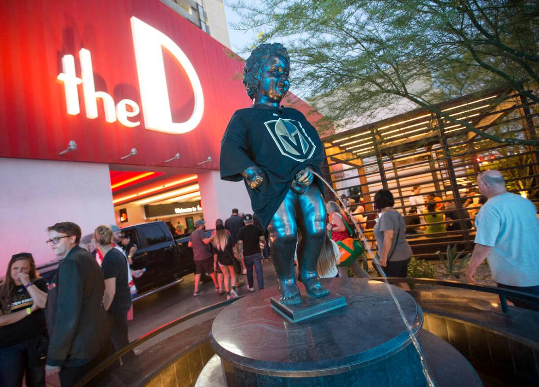 A Vegas Golden Knights t-shirt is seen on the Manneken Pis statue outside the D Las Vegas follo ...