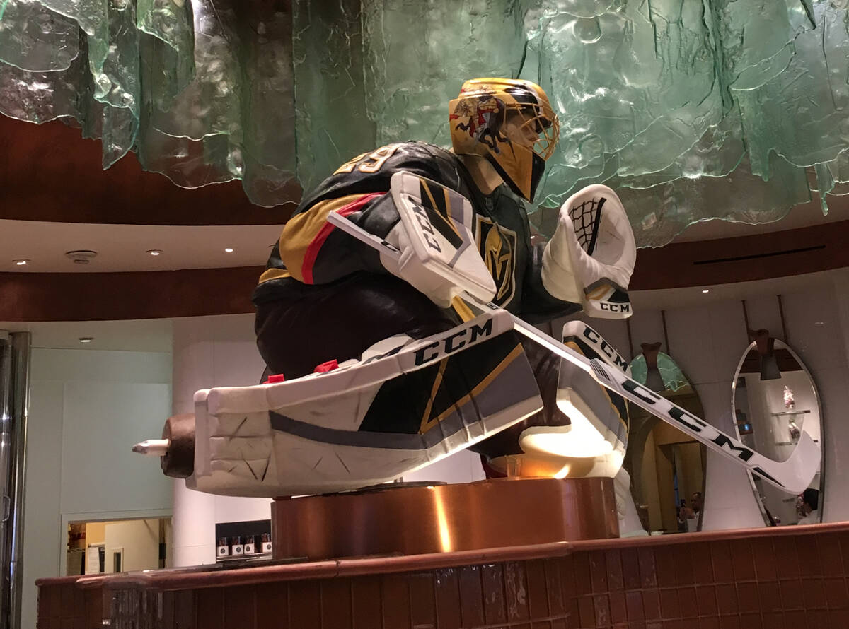 Bellagio Patisserie debuted a chocolate sculpture of goalie Marc-Andre Fleury on Monday, just i ...