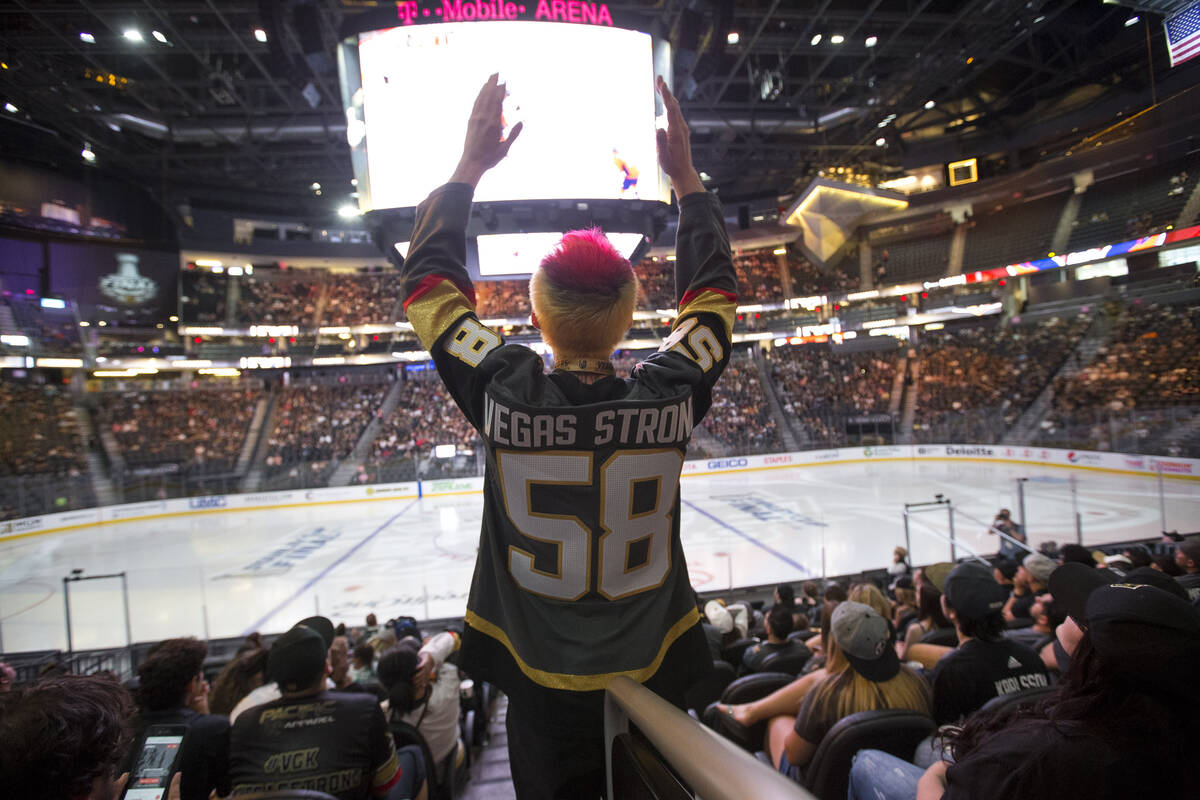 Vegas Golden Knights fan Jay Bryant-Chavez reacts to a play during a watch party for Game 4 of ...