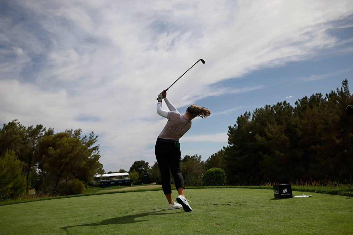 Brooke Henderson of Canada tees off on the 13th hole during the second day of round-robin play ...