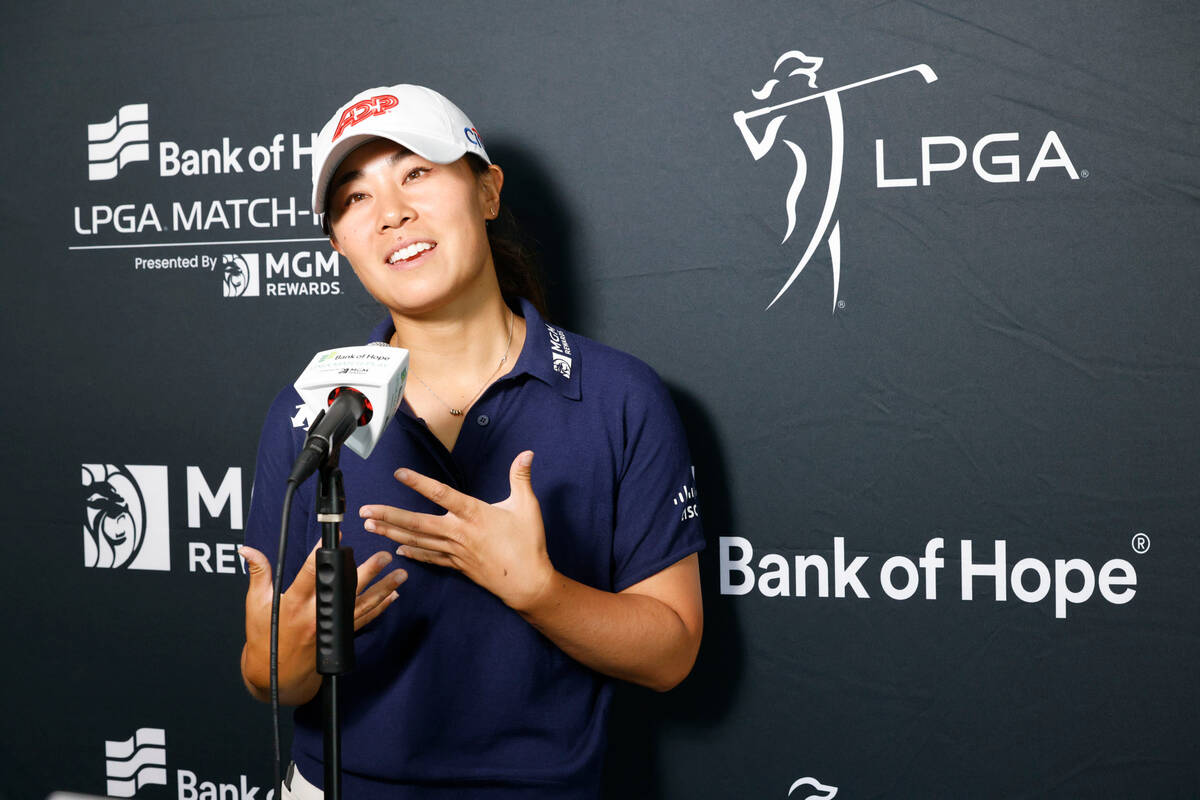 Danielle Kang of USA speaks to reporters after she finished the second day of round-robin play ...