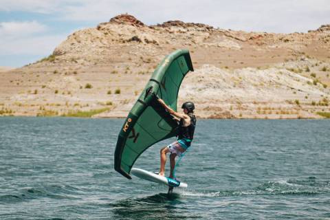 A lake-goer rides a foilboard on Wednesday, May 24, 2023, on Lake Mead in Boulder City. (Madeli ...