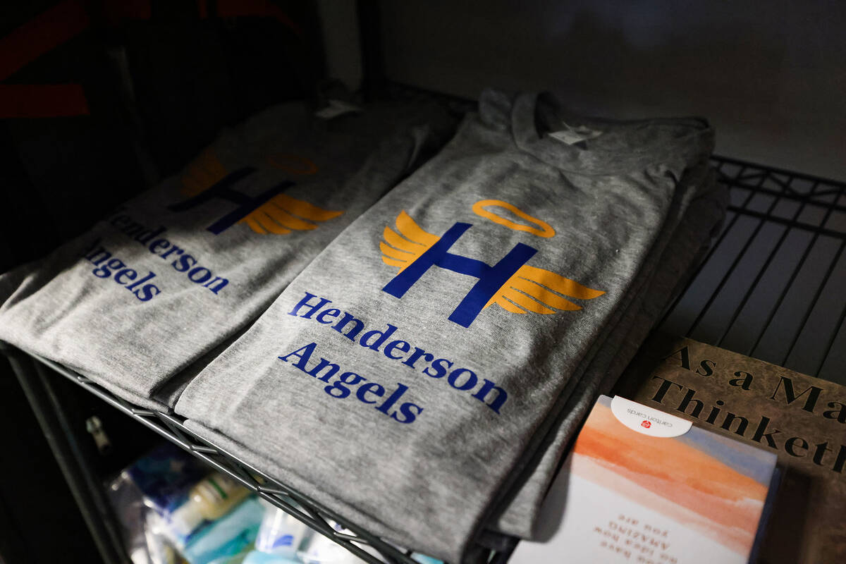 T-shirts for Henderson Angels, a nonprofit that assists the homeless, at their office building ...
