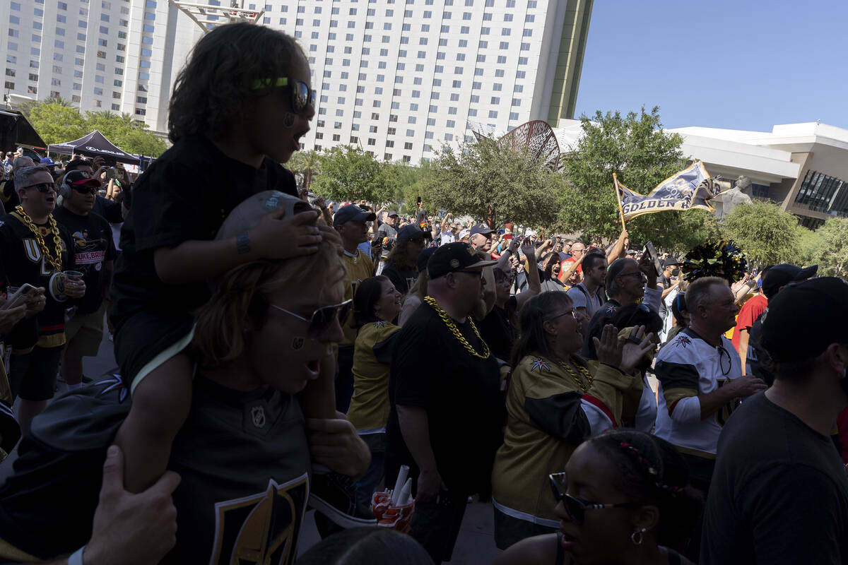 Golden Knights fans gather outside T-Mobile Arena before Game 5 of the NHL hockey Stanley Cup W ...