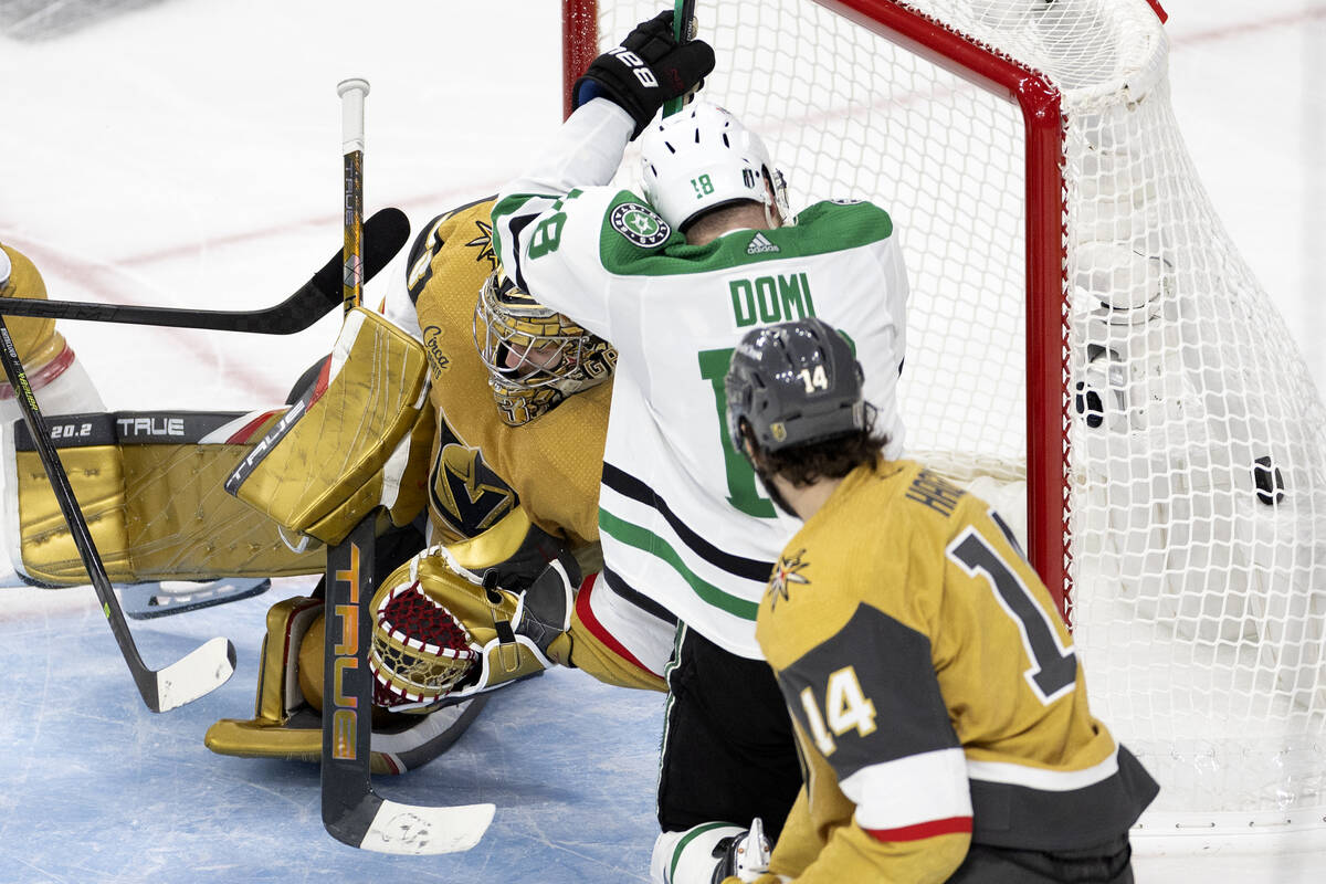 Golden Knights goaltender Adin Hill can’t save a shot by Dallas Stars center Ty Dellandr ...