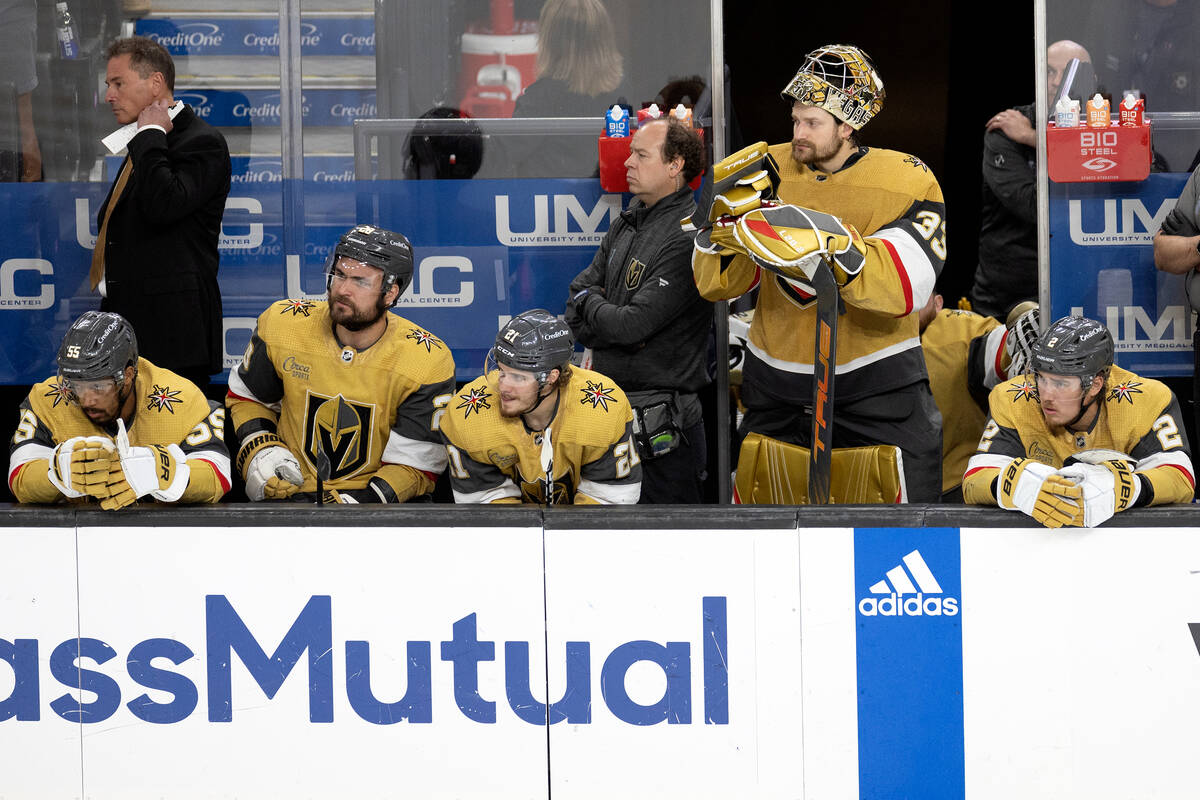 The Golden Knights bench watches their offense after head coach Bruce Cassidy pulled goaltender ...
