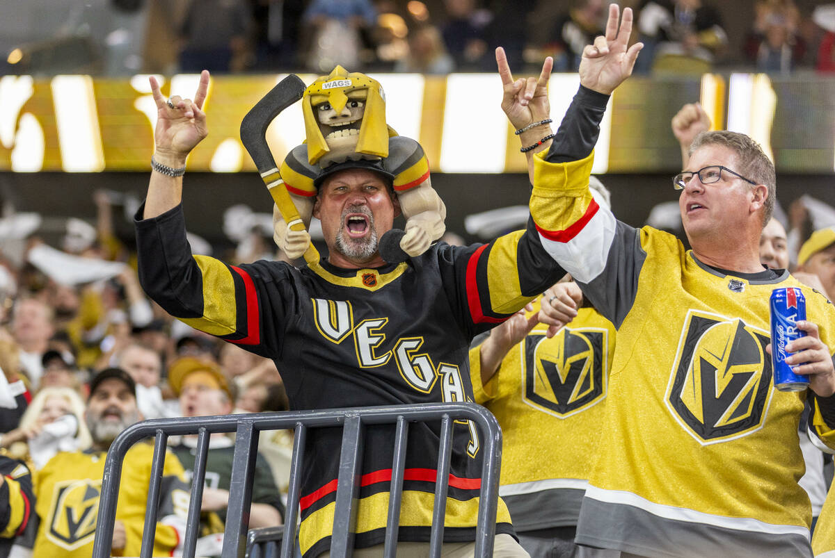 Golden Knights fans celebrate a score against the Dallas Stars in the first period of Game 5 du ...