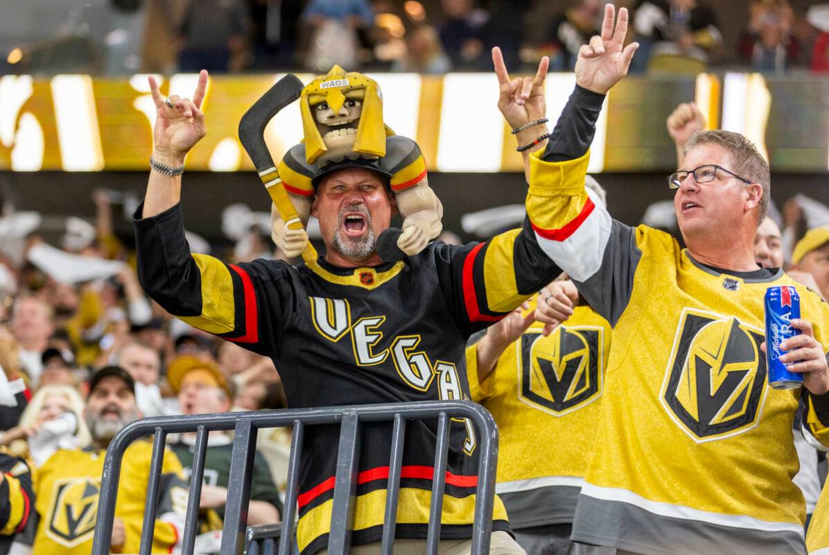 Golden Knights fans celebrate a score against the Dallas Stars in the first period of Game 5 du ...