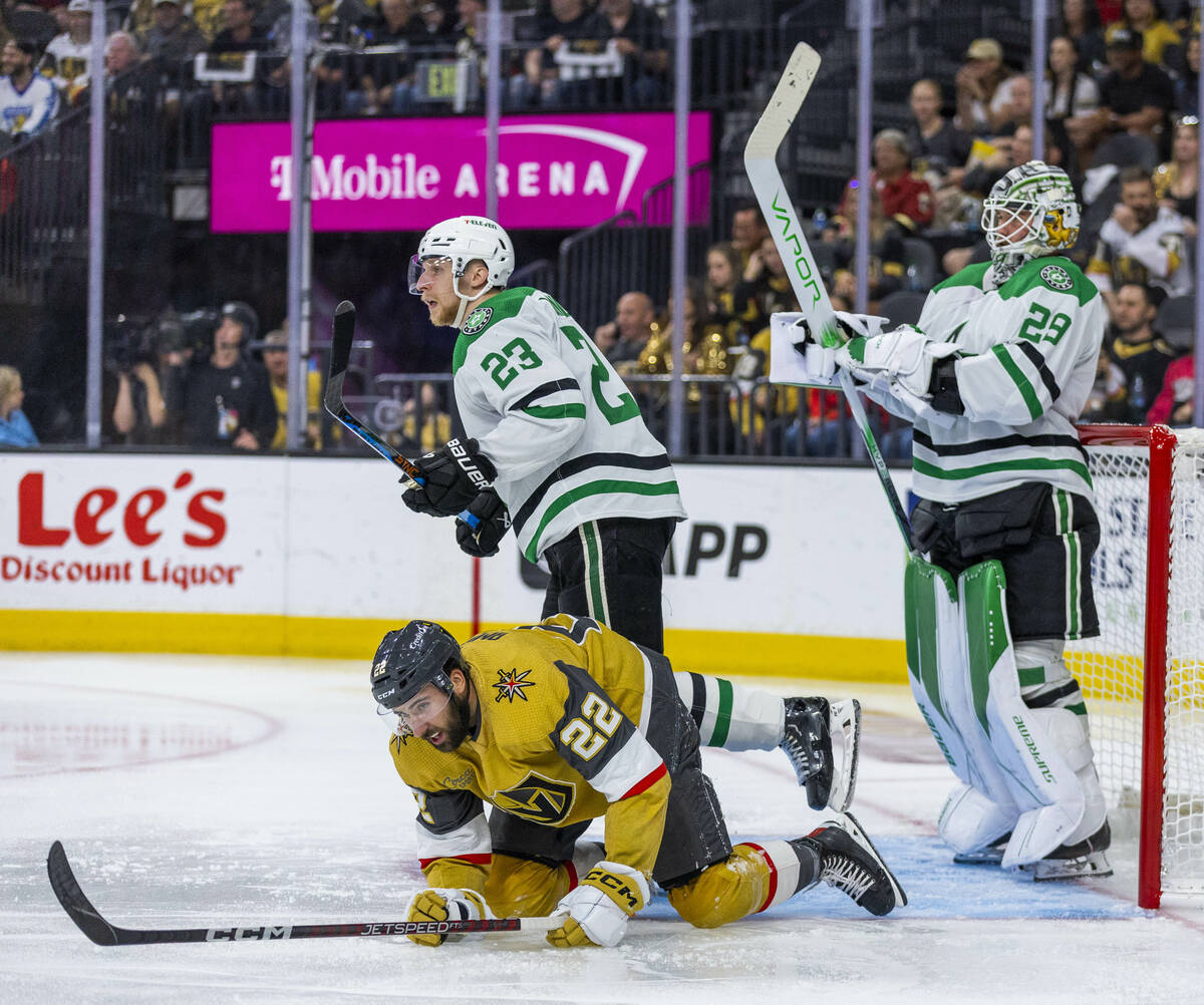 Golden Knights right wing Michael Amadio (22) watches as the puck gets away with Dallas Stars d ...