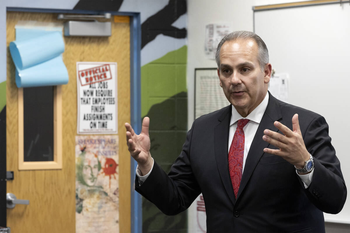 Clark County School District Superintendent Jesus Jara speaks to students during the first day ...