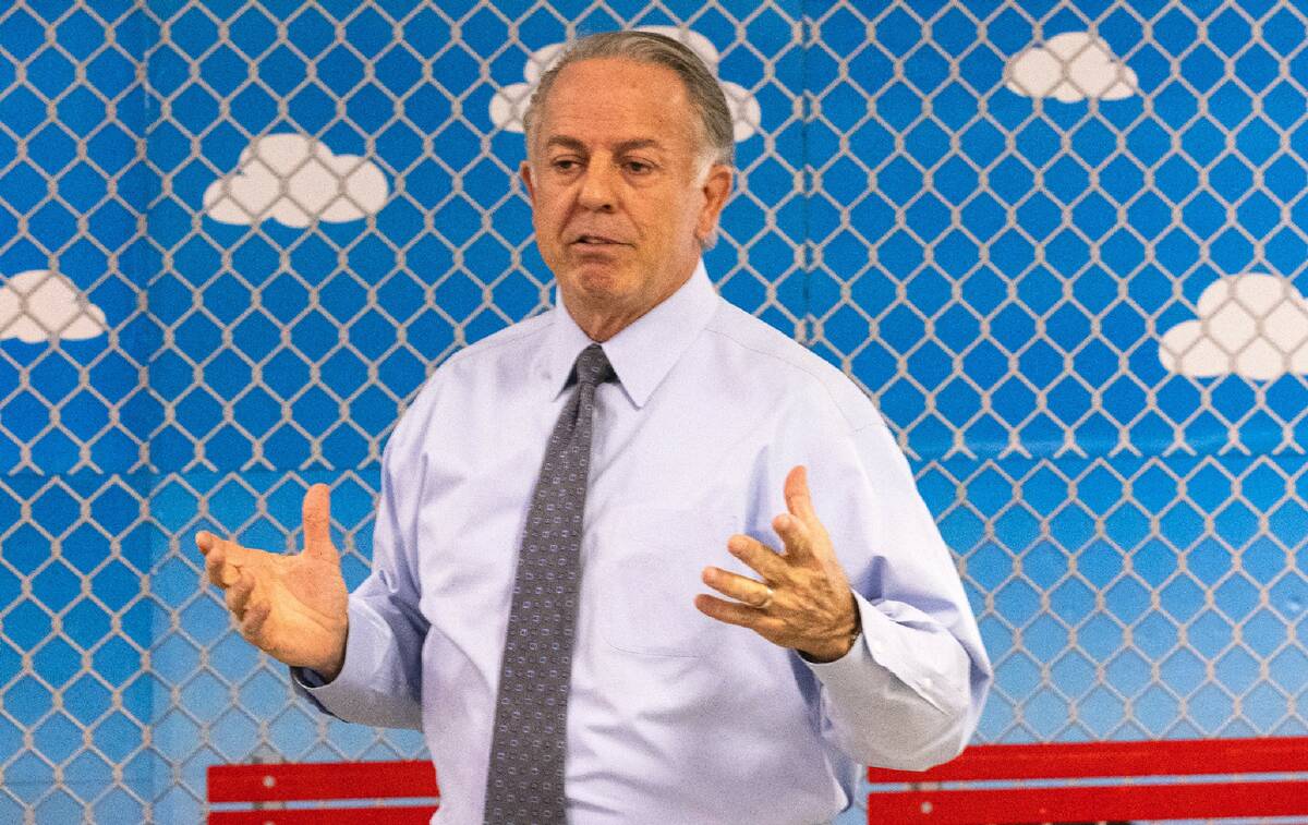 Gov. Joe Lombardo speaks at Mountain View Christian School in May 2023 in Las Vegas. (Bizuayehu ...