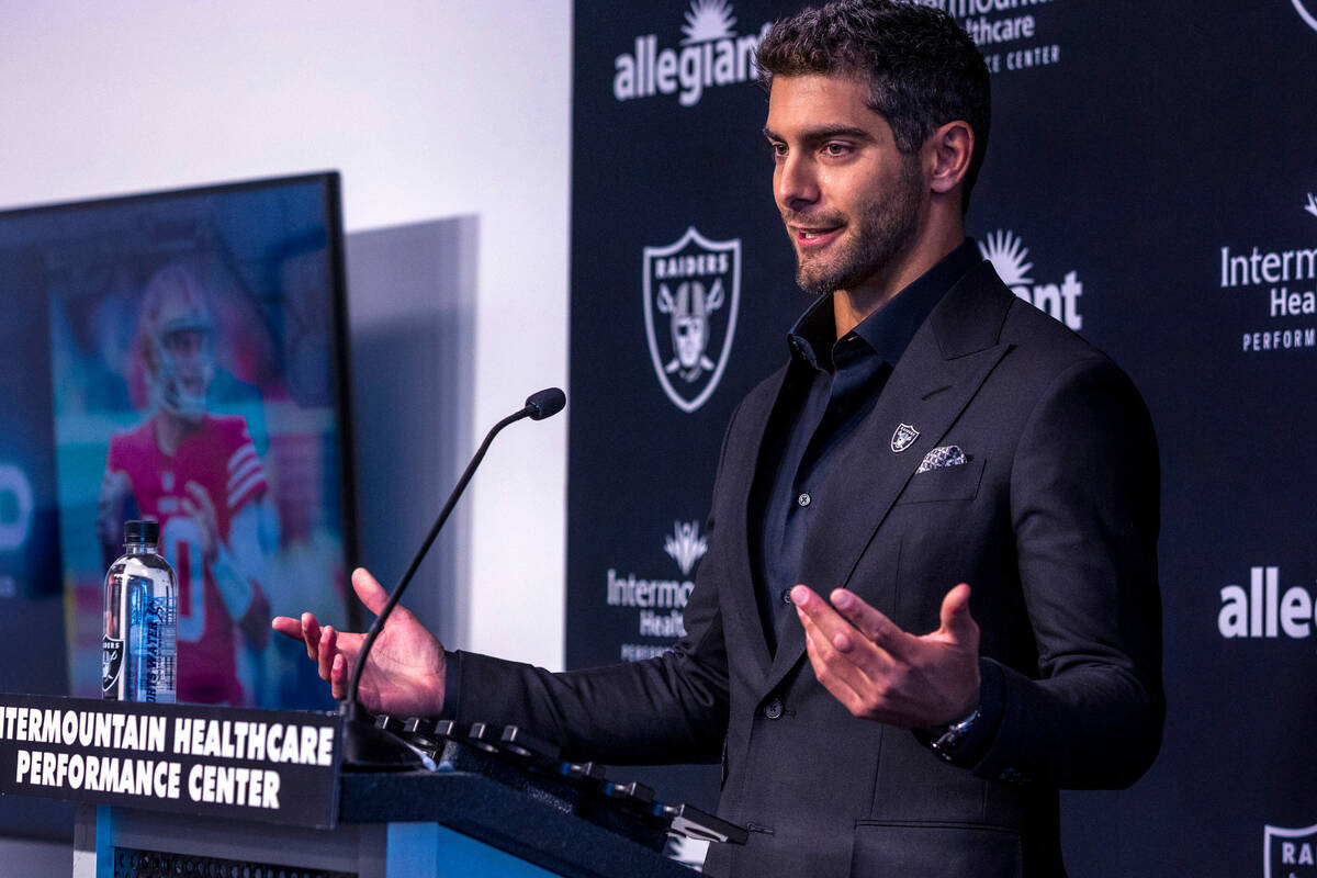 Jimmy Garoppolo speaks during a press conference at the Raiders Headquarters and Intermountain ...