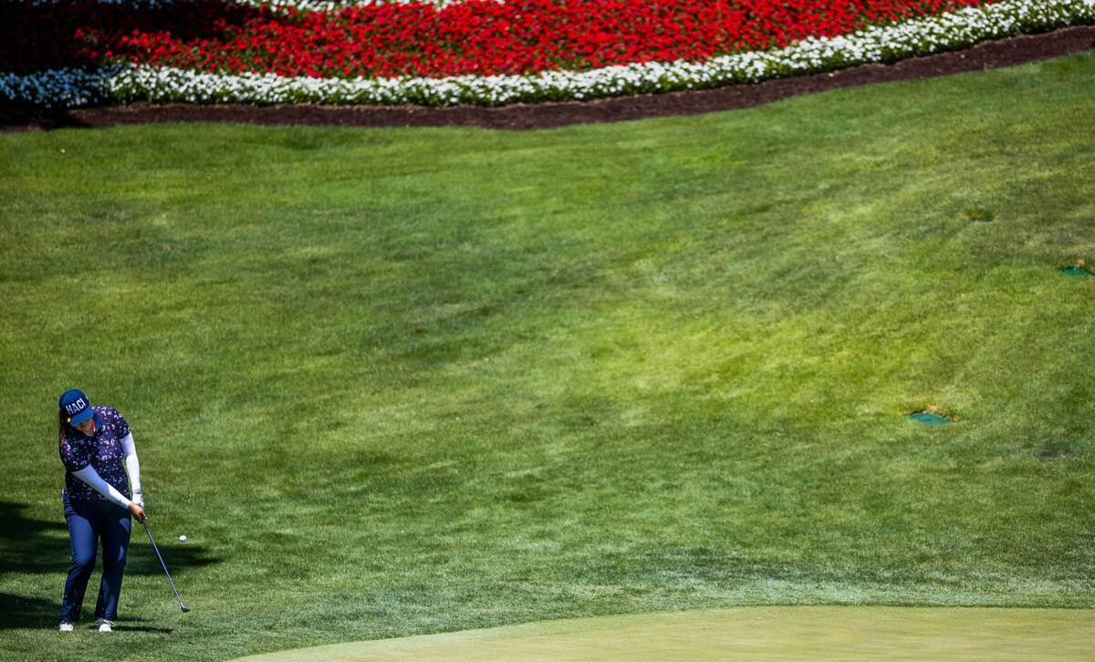 Angel Yin chips onto the green at hole 9 during the third day of Bank of Hope LPGA Match Play a ...