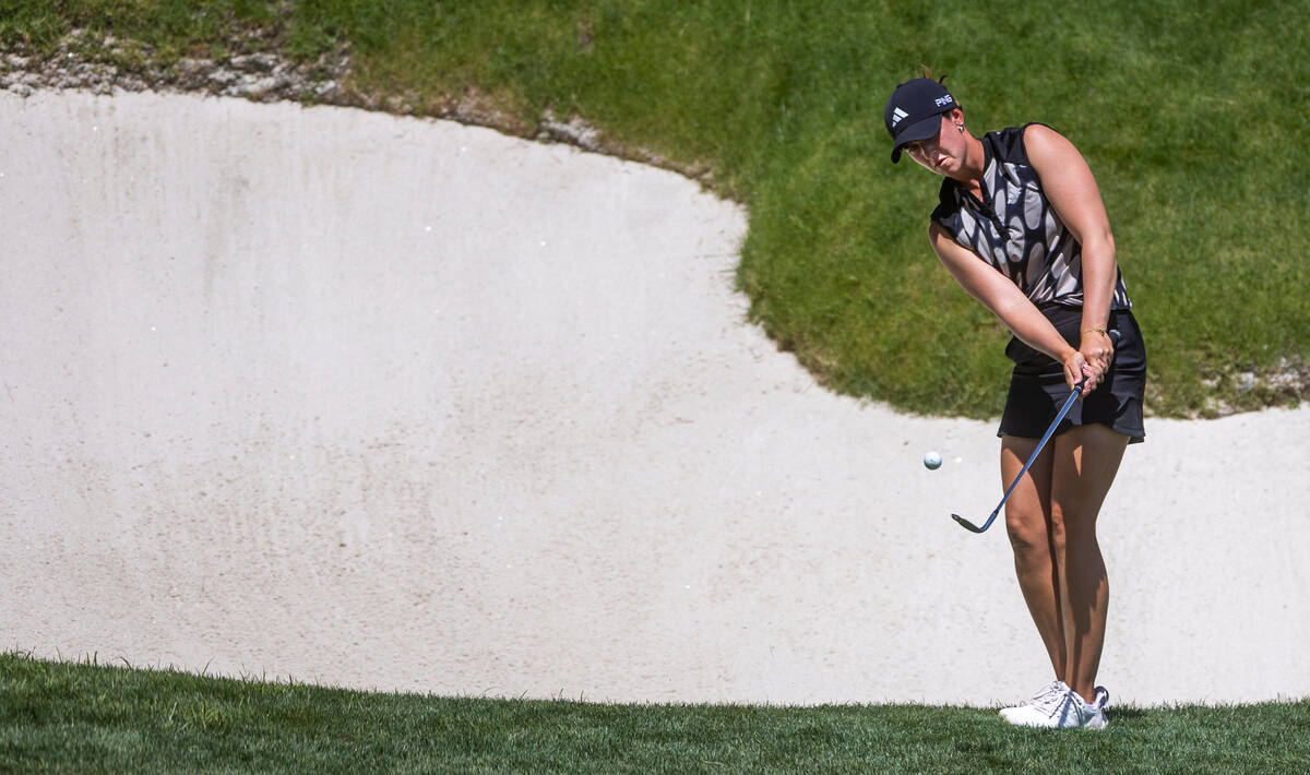 Linn Grant chips from the rough onto the green at hole 9 during the third day of Bank of Hope L ...