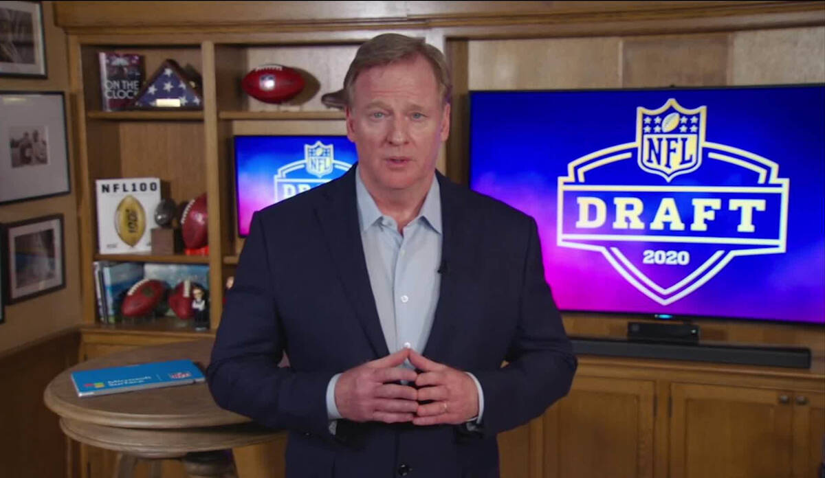In this still image from video provided by the NFL, NFL Commissioner Roger Goodell speaks from ...